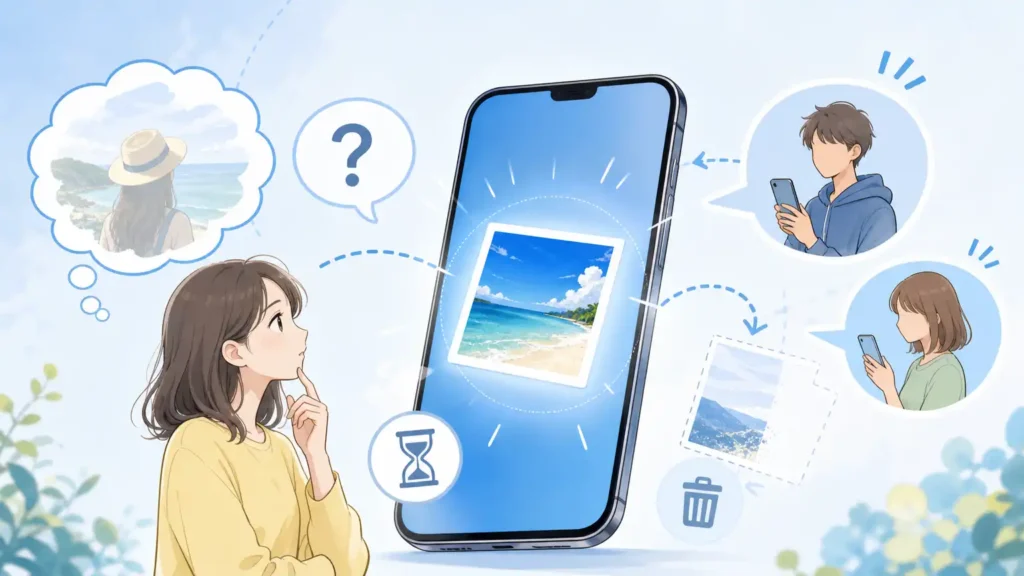 SetlogのZipが見れない時の確認ポイントを表すスマホと写真共有のイラスト