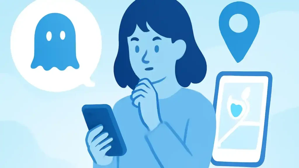 Jagat ゴーストモードの見え方を確認する女性のイラスト